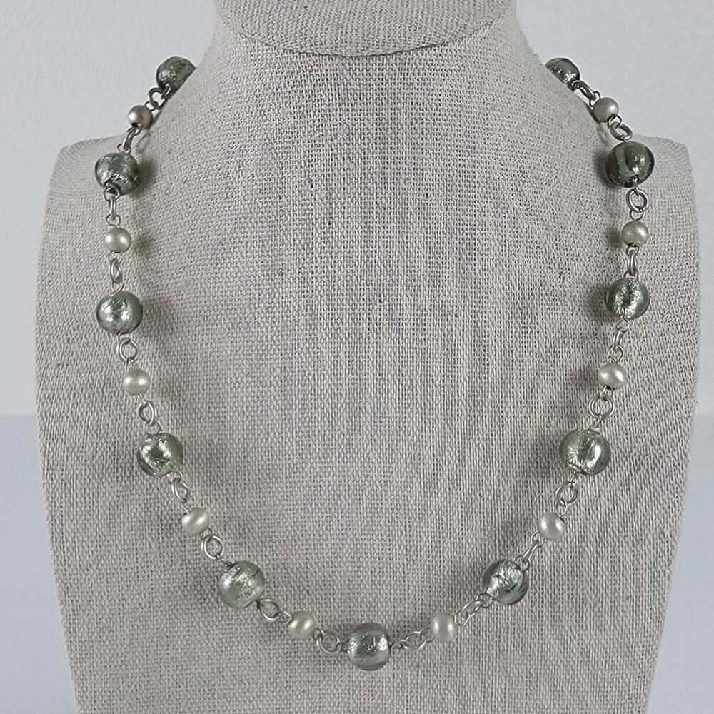 Milor Sterling Silver Roman Glass And Pearl Necklace 18" Italy 925 Lobster Clasp